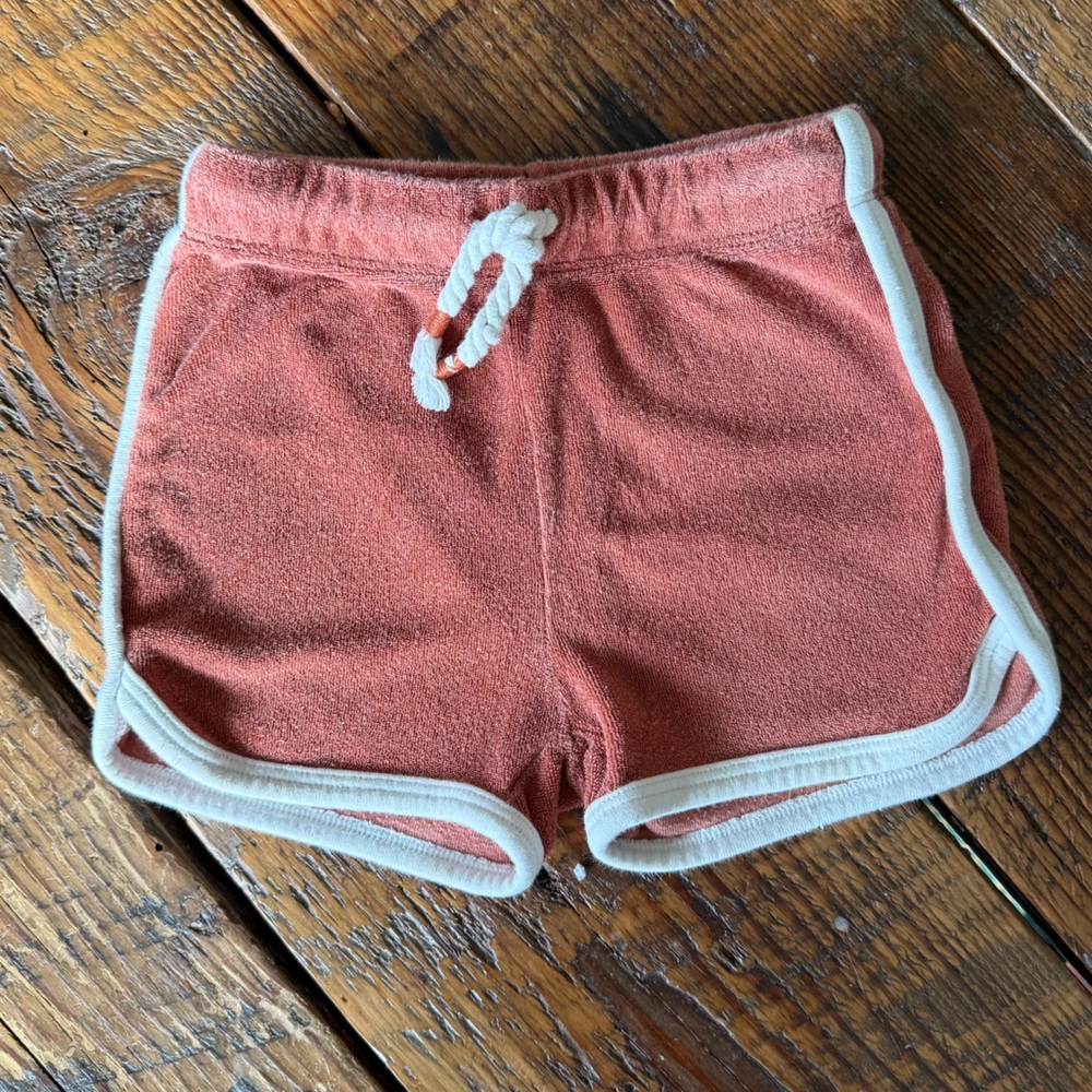Little Co. terry track shorts. Clay color. 2T